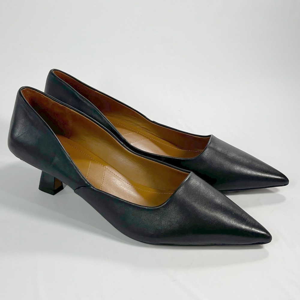 Franco Sarto Joselyn Black Leather Pointed Toe Kitten Heel Pumps Size 10 Minimal